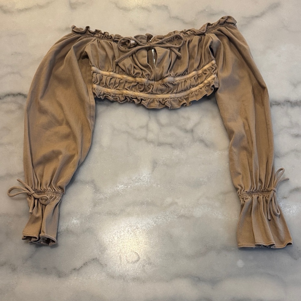 White Fox Boutique Tan Off-Shoulder Crop Top